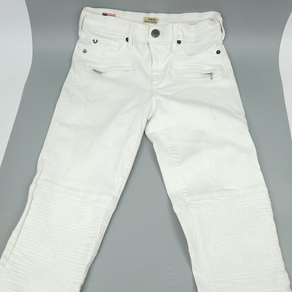 True Religion Halle Moto Jeans Size 26 Mid Rise Super Skinny White Distressed - Picture 5 of 15